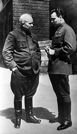 Two future leaders of the Soviet Union, Nikita Khrushchev (left, pre-war CPSU chief in Ukraine) and Leonid Brezhnev (an engineer from Kamianske, Ukraine)