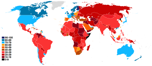 Overview of the index of perception of corruption, 2015: 90–100 60–69 30–39 0–9 80–89 50–59 20–29 No information 70–79 40–49 10–19