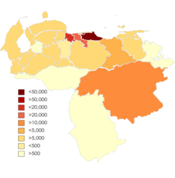A map showing the proportion of the Venezuelan population with Spanish nationality or people who are residing in Venezuela which are declared as Spanish or people with declared Iberian Spanish ancestry
