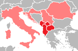Map of countries where Albanian holds official status: Official language Recognised minority language