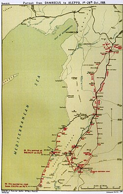 Falls Sketch Map 41 Pursuit from Damascus to Aleppo 1 to 28 October. The Australian Mounted Division advance from Damascus to Homs 29 October to 1 November not shown