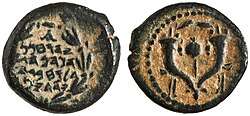 Coin of John Hyrcanus I. On the obverse, an inscription. The reverse depicts two cornucopia in the position of a wreath with a pomegranate in the middle