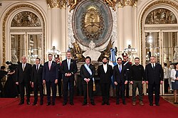 Milei with heads of state guests at Casa Rosada. From left to right: Vahagn Khachaturyan of Armenia, Daniel Noboa of Ecuador, Santiago Peña of Paraguay, Felipe VI of Spain, Javier Milei, Gabriel Boric of Chile, Luis Lacalle Pou of Uruguay as well as Viktor Orbán of Hungary and Volodymyr Zelenskyy of Ukraine
