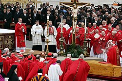 The funeral of Pope John Paul II at the Vatican in April 2005, presided over by Cardinal Joseph Ratzinger, the future Pope Benedict XVI