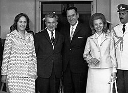 The president of Romania, Nicolae Ceaușescu, and his wife Elena, with Juan and Isabel Perón in 1974