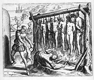 Record of one of the massacres commonly inflicted on Indigenous Americans by European conquerors. Engraving by Theodor de Bry included in Brevísima Relación de la Destruyción de las Indias (1552) by Bartolomé de las Casas.
