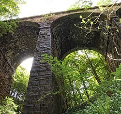 The overgrown viaduct across Lobb Ghyll on the Skipton–Ilkley line in Yorkshire, built by the Midland Railway in 1888 and closed in 1965