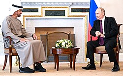 UAE's President Mohamed bin Zayed Al Nahyan with Russian president Vladimir Putin, days after OPEC+ cut oil production, 11 October 2022[168]