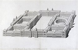 Inigo Jones' 1638 plan for a new palace at Whitehall, "one of the grandest architectural conceptions of the renaissance in England";[32] the Banqueting House is incorporated to the near left of the central courtyard (for the most part, Jones's plan was ultimately never executed)