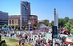 People celebrating Vardavar water festival in downtown Yerevan