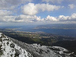 The Strait of Messina, Sicily, a classic migration bottleneck, seen from the Peloritani mountains