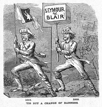 1868 Republican cartoon identifies Democratic candidates Seymour and Blair (right) with KKK violence and with Confederate soldiers (left).