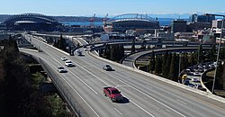 Looking west at the intersection of I-90 and I-5 in downtown Seattle