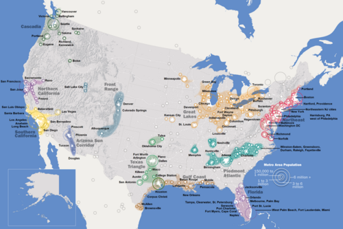 Map of the 11 megaregions of the United States, with the Northeast megalopolis highlighted in red in the upper right