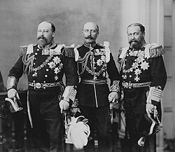 From left to right, the Prince of Wales, Prince Arthur, and Prince Alfred, at the Wedding of the Duke and Duchess of York, July 6, 1893