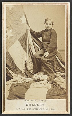 Charley Taylor holding an American flag. Charley was the son of Alexander Withers and one of Withers's slaves. Withers sold Charley to a slave dealer and he was sold again in New Orleans.