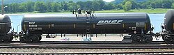 BNSF 880362, a DOT-111 tank car passing Glen Haven, Wisconsin, shows the new corporate logo on June 3, 2006