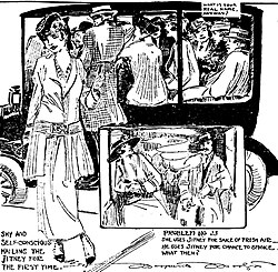 Cartoon by Marguerite Martyn of a jitney cab and passengers in 1915 St. Louis, Missouri