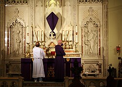 St. Mary's Episcopal Cathedral in Memphis, Tennessee, on Ash Wednesday 2011. The veiled altar cross and purple paraments are customary during Lent.