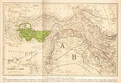 Map of the Agreement of Saint-Jean-de-Maurienne, signed in August 1917. The dotted green line in the Aegean Sea notes the Italian Islands of the Aegean, already under Italian control.