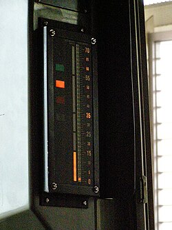 Cab signal display unit on a Chicago Transit Authority 'L' train. The vertical light bar in the middle of the signal indicates the maximum permitted speed for the section of track where the lead car is currently located.