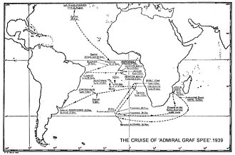 The route of Admiral Graf Spee's cruise, from the British HMSO report.