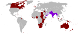 The British Empire is red on the map, at its zenith in 1921. (India highlighted in purple.) South Africa, bottom centre, lies between both halves of the Empire.