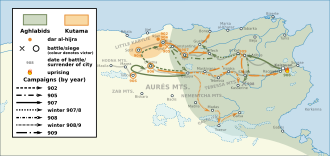 Map of Abu Abdallah's campaigns and battles during the overthrow of the Aghlabids