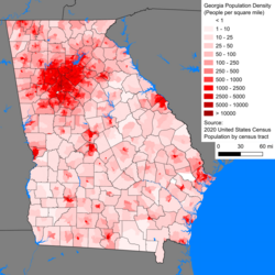 Population density by census tract in the state of Georgia, 2020