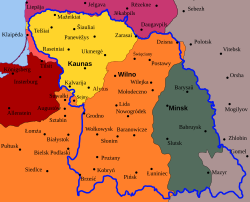 Planned border (blue line) for the Lithuanian–Byelorussian Soviet Socialist Republic superimposed on state borders in 1922