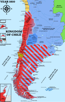 Spain's Kingdom of Chile in 1810 highlighting the historiographical disputes surrounding it, as well as the Araucanía, a territory under indigenous self-government that belongs to Chile. In 1776 the Viceroyalty of the Río de la Plata was created and the territories of the cities of Mendoza and San Juan got transferred to the new entity.[36][37][38][39]