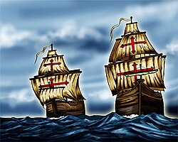 The two merchant galleons, Encarnacion and Rosario, which were hastily converted to warships to meet the superior Dutch armada of 18 vessels during the battles of La Naval de Manila in 1646 (artist's conception)
