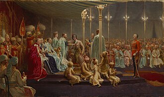 Investiture of the Star of India, Delhi (detail), by George Jacomb-Hood. King George V is depicted awarding the GCSI to Ganga Singh, Maharaja of Bikaner, at the 1911 Delhi Durbar