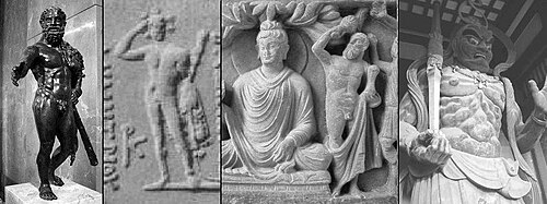 Iconographical evolution from the Greek god Heracles to the Japanese god Shukongōshin. From left to right: 1) Heracles (Louvre Museum). 2) Heracles on coin of Greco-Bactrian king Demetrius I. 3) Vajrapani, the protector of the Buddha, depicted as Heracles in the Greco-Buddhist art of Gandhara. 4) Shukongōshin, manifestation of Vajrapani, as protector deity of Buddhist temples in Japan.