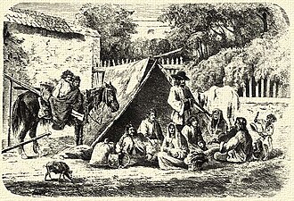 A tent of Romani nomads in Hungary, 19th century.