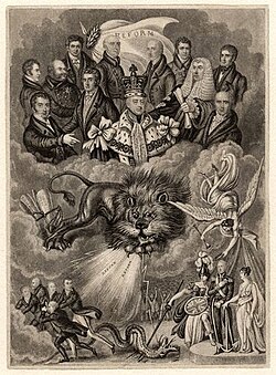 Political cartoon supporting the Reform Act: King William sits above the clouds, surrounded by Whig politicians; below Britannia and the British Lion cause the Tories to flee.