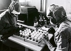 Preparation of measles vaccine at the Tirana (Albania) Institute of Hygiene and Epidemiology.
