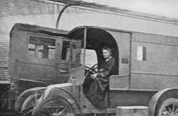 Curie in a mobile X-ray vehicle, c. 1915