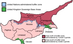 The UN Buffer Zone in Cyprus marks the southernmost points that the Turkish troops occupied during the Turkish invasion of Cyprus in August 1974.